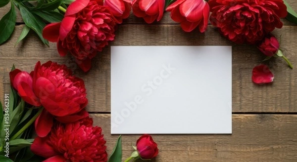 Fototapeta Beautifully composed bright red flowers next to a blank white card on rustic wood, ideal for floral greeting concepts.