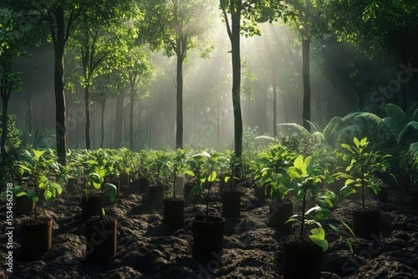 Fototapeta A detailed visualization of forest conservation and tree planting initiatives highlighting environmental importance.