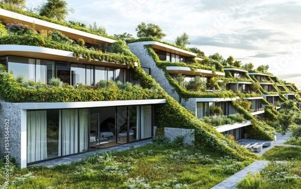 Fototapeta A detailed visualization of green architecture and sustainable building materials highlighting environmental importance.
