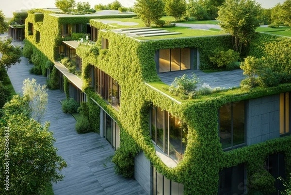 Fototapeta A detailed visualization of green architecture and sustainable building materials highlighting environmental importance.