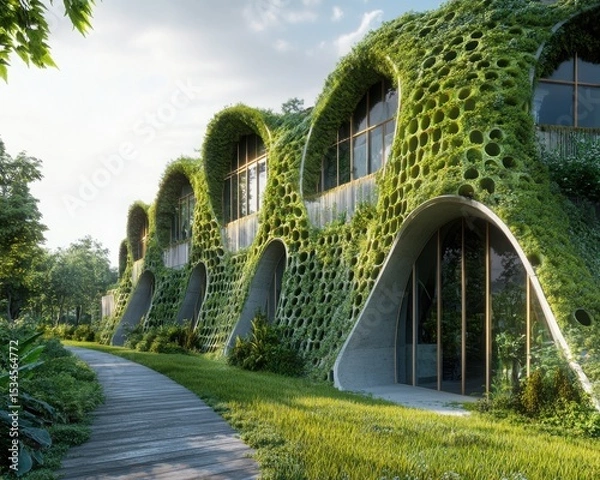 Fototapeta A detailed visualization of green architecture and sustainable building materials highlighting environmental importance.