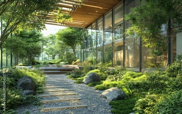 Fototapeta A detailed visualization of green architecture and sustainable building materials highlighting environmental importance.