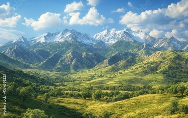Fototapeta A detailed visualization of mountain landscapes untouched by development highlighting environmental importance.