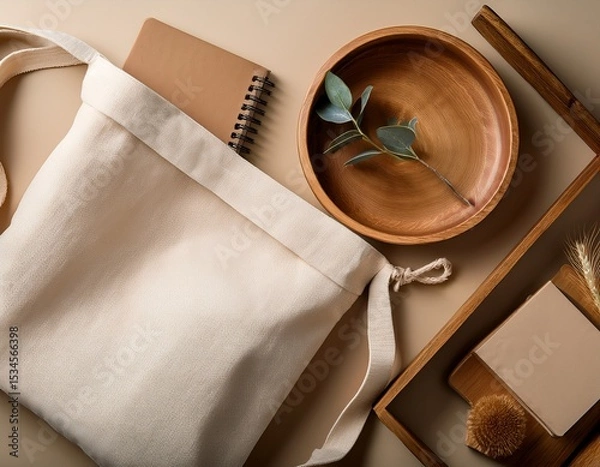 Obraz flat lay of cotton bag notebook and tray in warm earthy palette