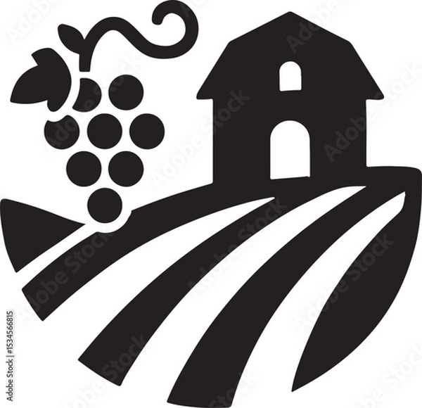 Fototapeta Silhouette vector of a vineyard icon with grapevines and trellis. Perfect for wine, farming, and agriculture themes.