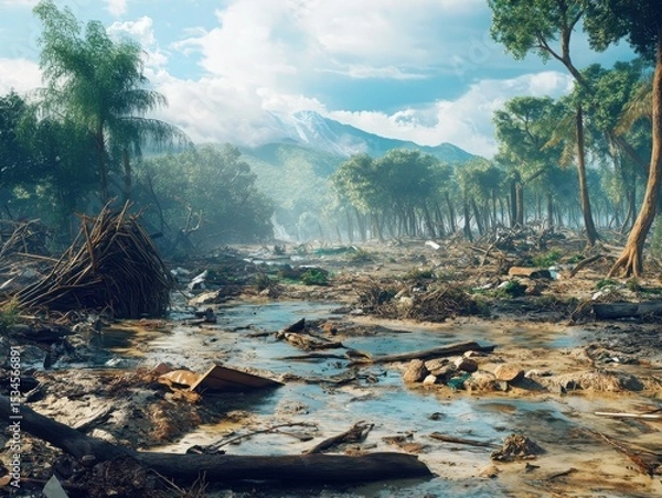 Fototapeta A detailed visualization of natural disaster aftermath and environmental damage highlighting environmental importance.