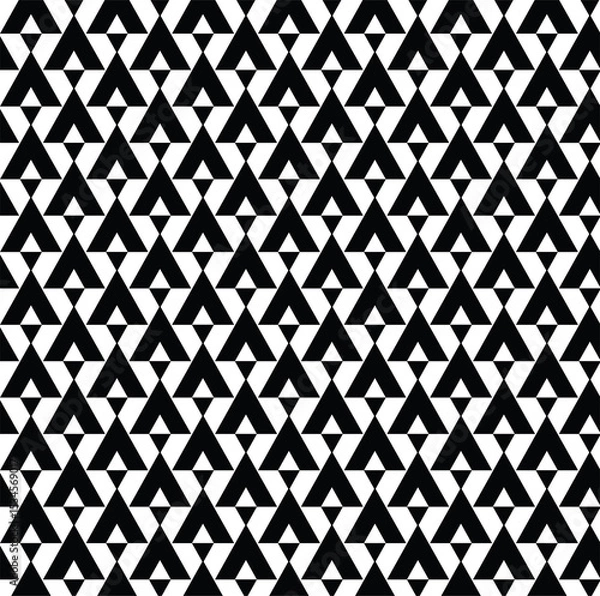 Fototapeta black and white seamless geometric pattern, upward-pointing black triangles and downward-pointing white triangles, arranged in a dense, interlocking grid, chevron, triangles are offset, diamond-like 