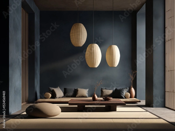 Fototapeta Japandi and wabi sabi style interior in deep indigo and tan, featuring a tatami mat, low-profile furniture, handcrafted paper lighting, subtle texture contrast