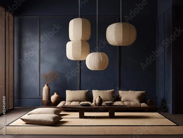 Fototapeta Japandi and wabi sabi style interior in deep indigo and tan, featuring a tatami mat, low-profile furniture, handcrafted paper lighting, subtle texture contrast