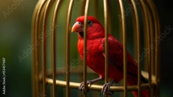 Fototapeta A beautiful red bird is sitting in a bird cage. The background is slightly blurred, which highlights the bird and its cage.