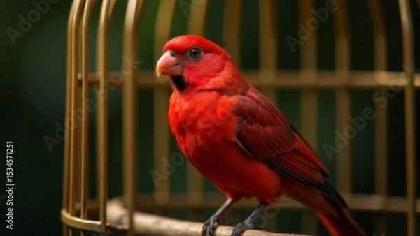 Fototapeta A beautiful red bird is sitting in a bird cage. The background is slightly blurred, which highlights the bird and its cage.