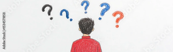 Obraz Illustration of a person facing question marks, representing confusion, inquiry, and problem-solving. Uncertainty in decision-making and seeking clarity.