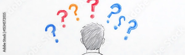 Obraz A hand-drawn illustration of a person facing away, surrounded by colorful question marks, symbolizing uncertainty and searching for answers.