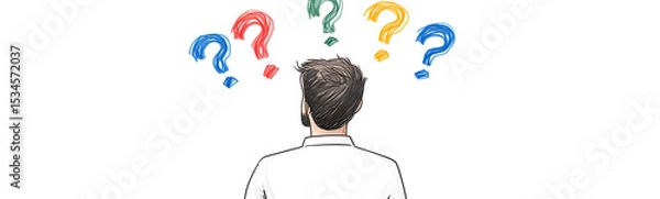 Obraz A person faces away with question marks above their head, symbolizing confusion, indecision, problem solving, and mental processing. Many colorful questions.