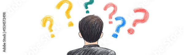 Obraz Pondering Choices: Illustrated man facing colorful question marks, decision making concept. Conceptual image symbolizing uncertainty and problem-solving.