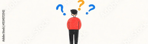 Obraz Person with Question Marks:  A person standing with question marks above their head, symbolizing uncertainty and contemplation about choices and decisions.