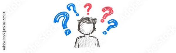 Obraz Drawn person surrounded by colorful question marks, reflecting confusion or uncertainty, rendered in a sketch style with blue and red accents.