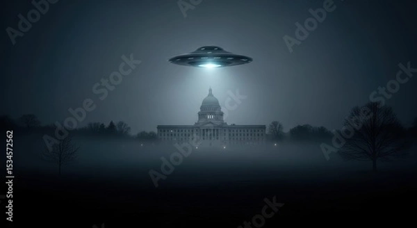 Obraz Ufo flying over white house, mysterious spacecraft above capitol hill. Extraterrestrial landing, alien invasion, conspiracy theory, government secret.