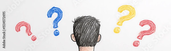 Obraz Head with Questions: A person looks at colorful question marks, facing uncertainty and seeking answers. A visual representation of inquiry and contemplation.