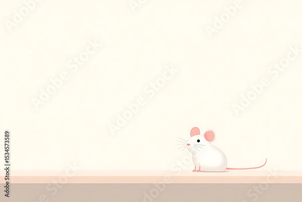 Obraz Minimalist illustration of a cute, white mouse with pink ears and tail sitting on a flat surface against a plain, pale background. Simple design. Clean, modern aesthetic.