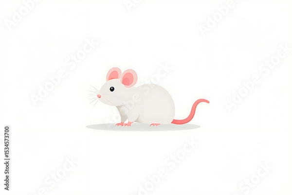Obraz Cute White Mouse Cartoon Illustration. Small rodent with pink ears and tail, isolated on white background, a sweet and adorable design.