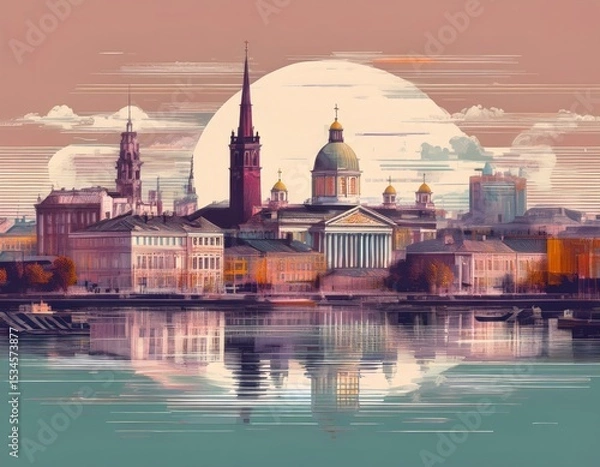 Fototapeta Stylish modern drawing, pop art , skyline silhouette of the city of helsinki,cityscape with historical buildings and church spires by a calm river. sky in soft hues, serene atmosphere.