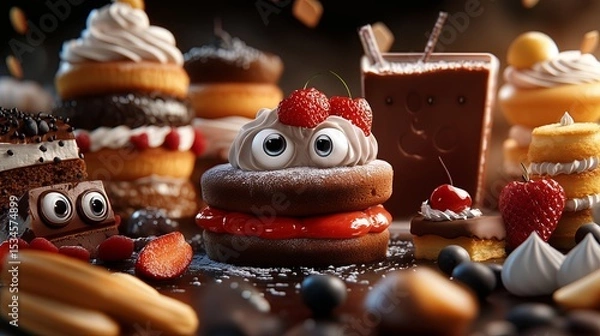 Fototapeta whimsical scene with donuts and pastries that have faces and arms. The playful and colorful arrangement creates a fun and imaginative visual effect.
