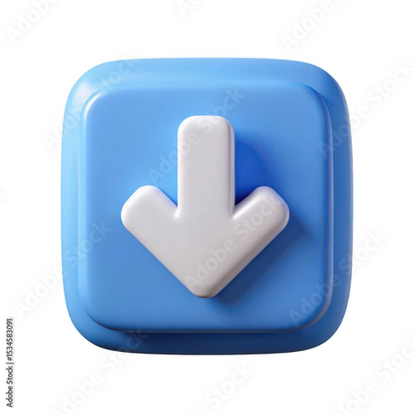 Fototapeta 3d blue square button with white down arrow isolated on transparent background