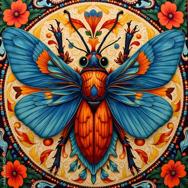 Obraz Bright orange and blue moth with flowers and ornate background. Bold and magical vibe.