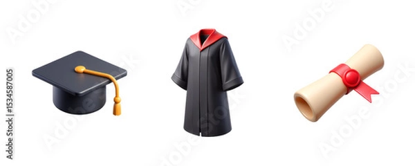 Fototapeta Graduation Gown, Cap, Diploma Scroll, Set of Three 3D Icon – Glossy Minimal Emoji Style, Isolated PNG objects	