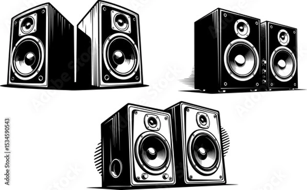 Obraz Black and white stereo speakers with a retro and bold illustration style
