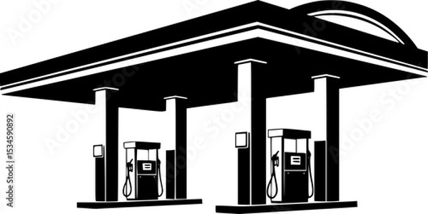 Obraz Silhouette of a gas station canopy with two pumps on a white background
