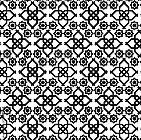 Fototapeta black and white seamless pattern, monochrome geometric repeating pattern, Islamic geometric art, four-lobed or quatrefoil shape, prominent repeating, symmetry, tessellation, star and stylized, eight
