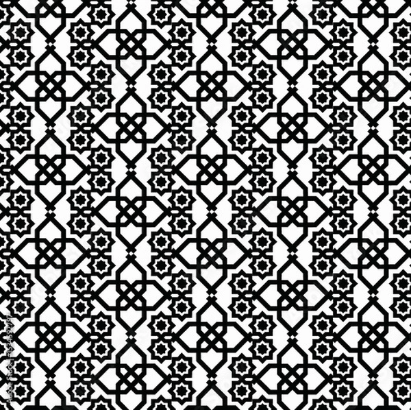 Fototapeta black and white seamless pattern, monochrome geometric repeating pattern, Islamic geometric art, interlocking lines or radiating smaller triangles, rotational symmetry, Islamic geometric patterns, 