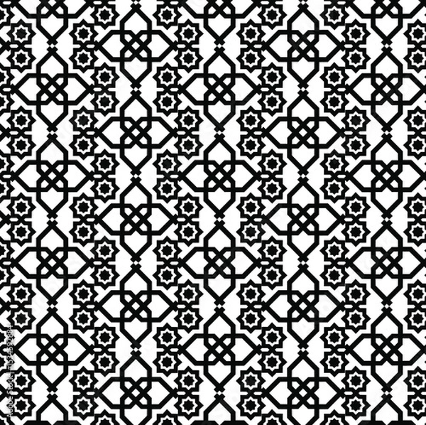 Fototapeta black and white seamless pattern, monochrome geometric repeating pattern, Islamic geometric art, interlocking lines or radiating smaller triangles, rotational symmetry, Islamic geometric patterns, 