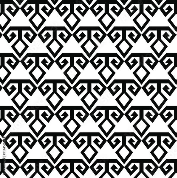 Fototapeta seamless geometric pattern, repeating geometric pattern in black and white, abstract, stylized motifs, two downward-curving or spiraling arms, small diamond or triangular shapes, tessellating design, 