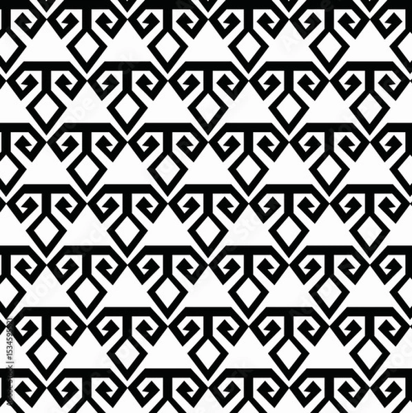 Fototapeta seamless geometric pattern, repeating geometric pattern in black and white, abstract, stylized motifs, two downward-curving or spiraling arms, small diamond or triangular shapes, tessellating design, 