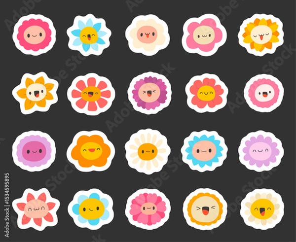 Fototapeta Flower character face scandinavian style set created using botanical cartoon symbols blooming shapes smile decoration for yours illustration and creative designs projects