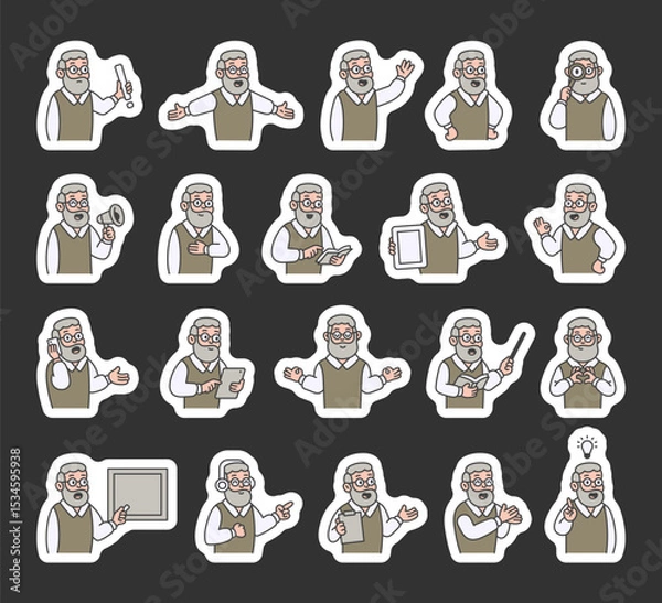 Fototapeta Grandfather guide character set with hands, books, signs, boards, devices, emotions, communication, presentation, teaching, reading, message, symbols, approval, music, and expressive human poses