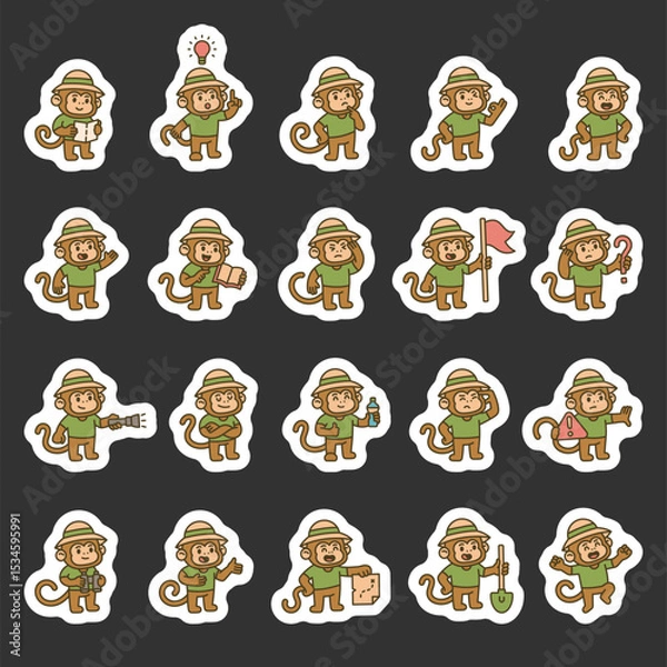 Fototapeta Monkey guide character set created for jungle adventure exploration using tools, maps, gestures, symbols, and ideas to communicate knowledge and emotion during missions
