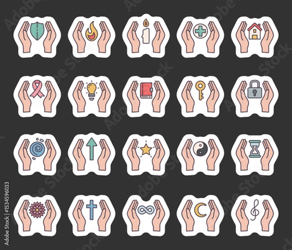 Fototapeta Spiritual abstract symbol set of elements with hands, flame, candle, house, key, lock, book, shield, moon, hourglass, star, ribbon, treble clef, mandala, and infinity
