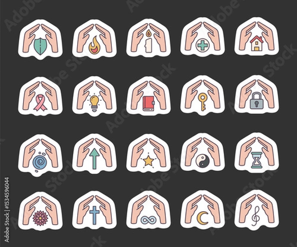 Fototapeta Spiritual abstract symbol set of elements with hands, flame, candle, house, key, lock, book, shield, moon, hourglass, star, ribbon, treble clef, mandala, and infinity
