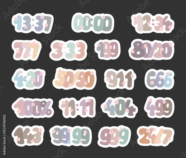 Fototapeta Set of numbers with flowers, popular numeric codes used in culture pricing emergency clock luck magic, with scandinavian style for yours illustration and creative designs projects