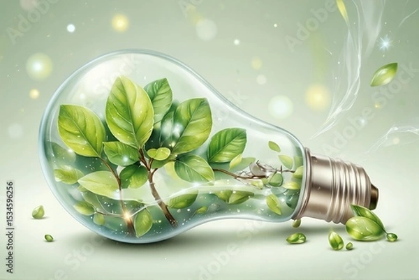 Fototapeta Light bulb with green leaves symbolizing renewable energy concept  