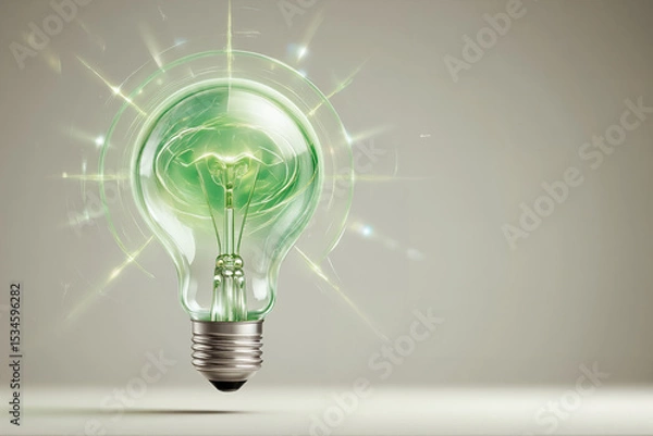Fototapeta Green light bulb glowing with sparkles against a neutral background  