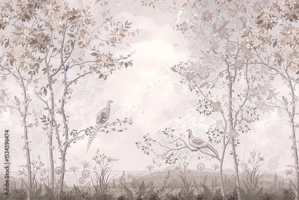 Fototapeta Soft pastel landscape with birds perched on branches in serene nature  