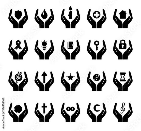 Fototapeta Spiritual abstract symbol set of elements with hands, flame, candle, house, key, lock, book, shield, moon, hourglass, star, ribbon, treble clef, mandala, and infinity