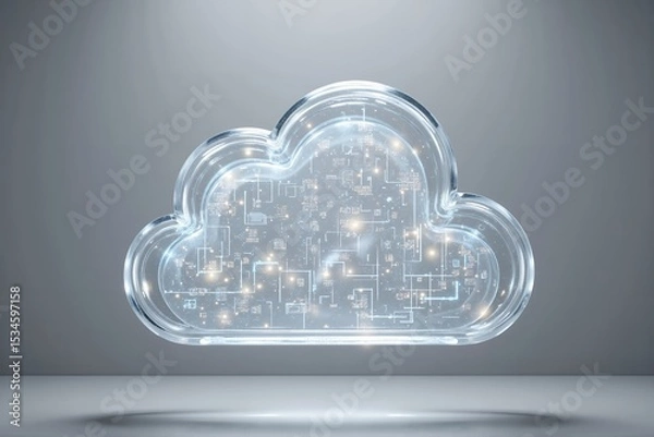 Fototapeta Digital cloud icon glowing with data and circuitry on gray background  