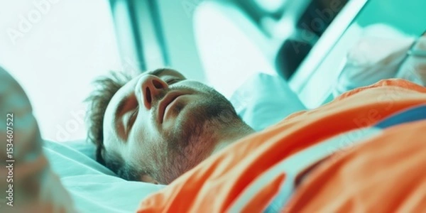Obraz A man is peacefully resting in a hospital bed situated in a healthcare environment