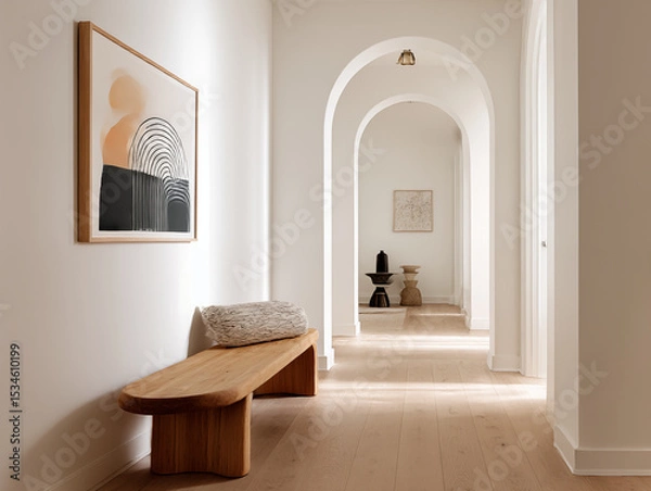 Fototapeta bright midimalist hallway with white walls, curved wooden bench, graphic art print, soft natural lighting